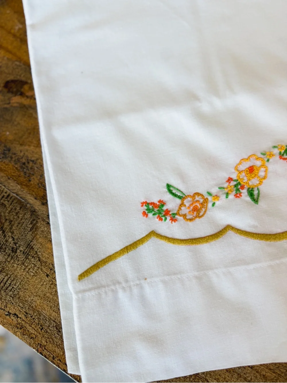 Vintage White Embroidered Pillow Case set with Scalloped Edge